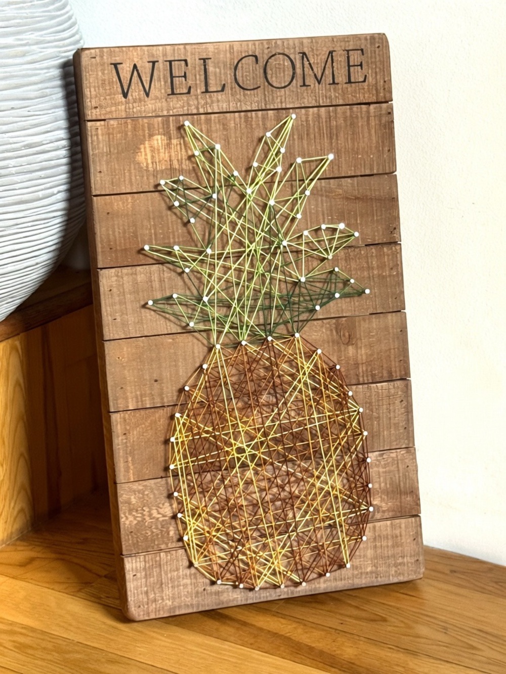 Primitives by Kathy Welcome Pineapple String Art Wood Plank Board Box Wall Sign